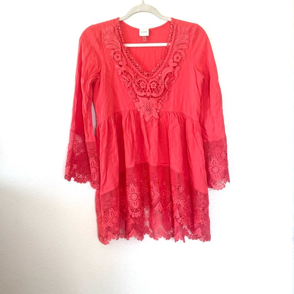 Cupio Tops - Cupio Red Salmon Crochet Tunic Blouse Lace Bell Sleeve Boho S